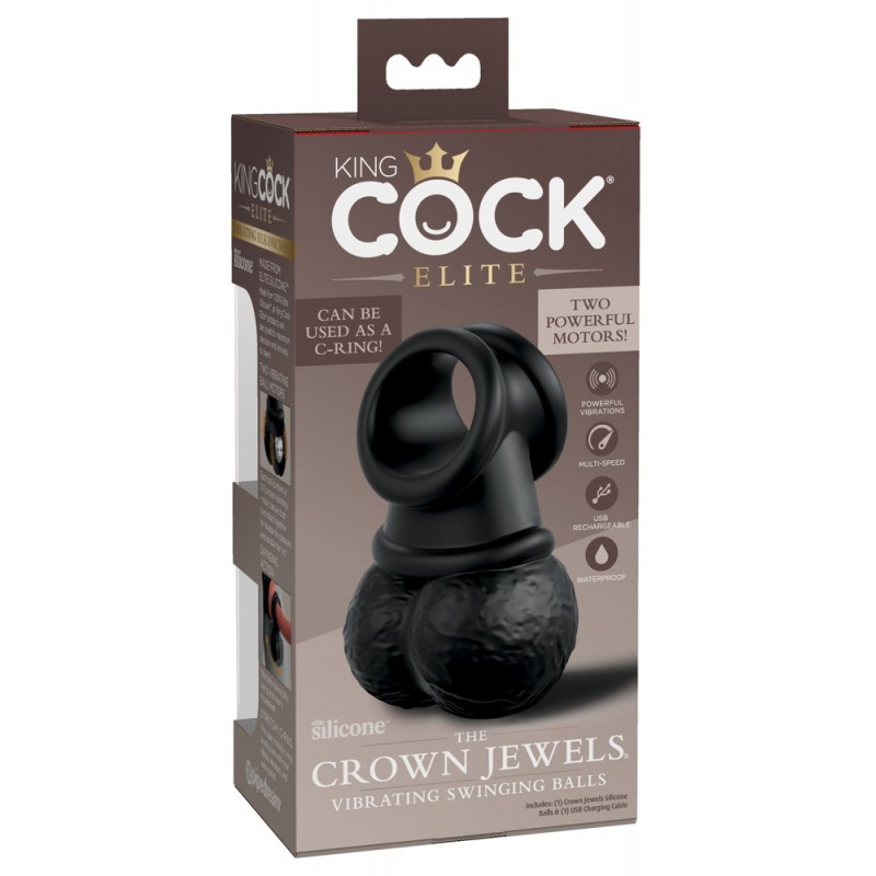 King Cock Elite Crown Jewels - lengőhere, rezgő péniszgyűrű (fekete) 81309 termék bemutató kép