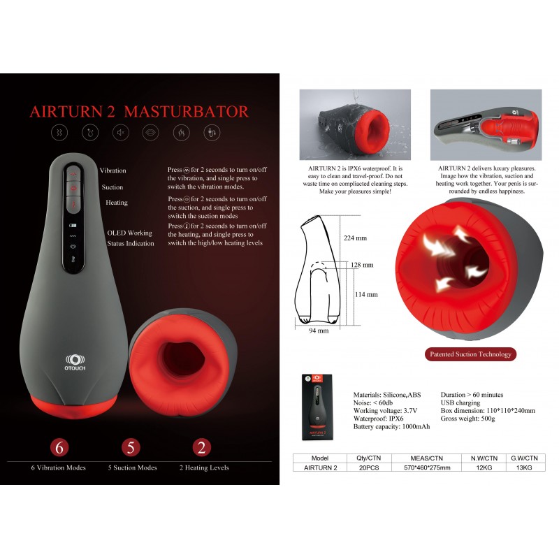 OTOUCH Airturn 2 - akkus szívó maszturbátor (fekete-piros) 69073 termék bemutató kép