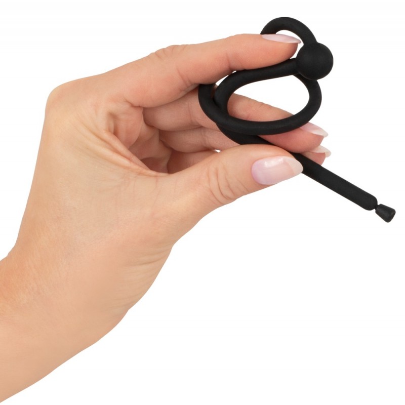 Penisplug - szilikon húgycsőtágító makkgyűrűvel (0,6mm) - fekete 68986 termék bemutató kép