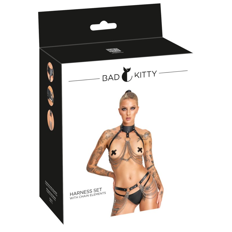 Bad Kitty - 3 részes fekete harness szett mell- és csípőpánttal (S-L) 153707 termék bemutató kép