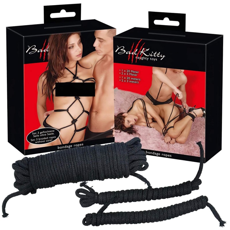 Bad Kitty - bondage kötél szett (20 m + 2 × 3m, fekete) 140159 termék bemutató kép