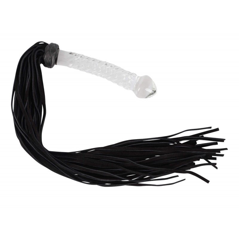 Bad Kitty - bőr korbács üveg dildóval (átlátszó-fekete) 75706 termék bemutató kép