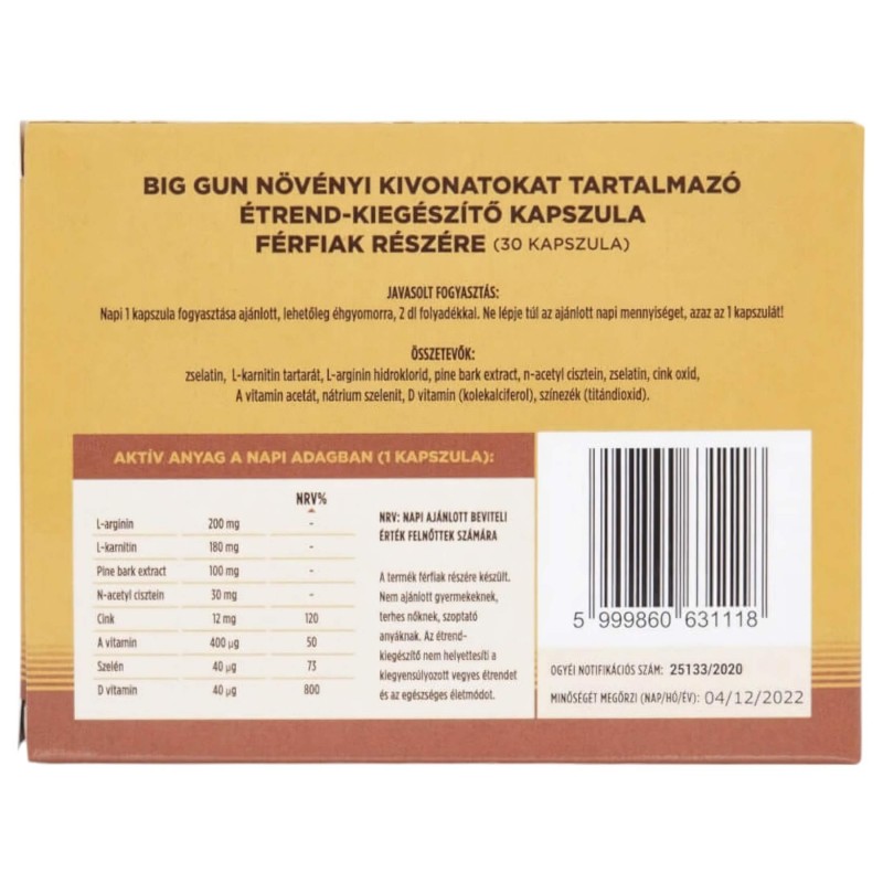 Big Gun - cink és L-arginin tartalmú étrend-kiegészítő kapszula (30 db) 131391 termék bemutató kép