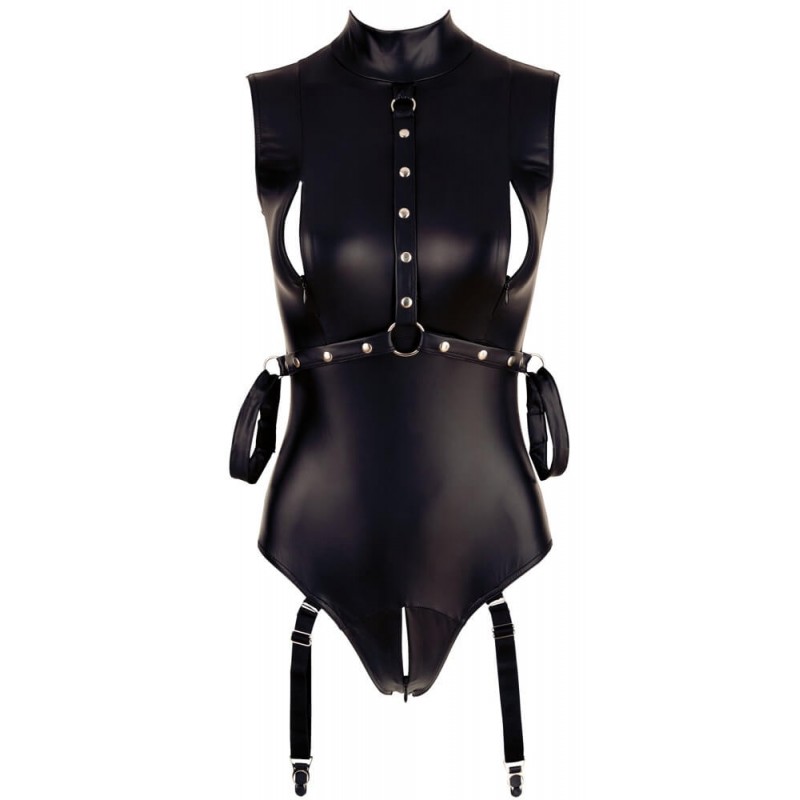 Cottelli Bondage - ujjatlan, fényes body és kar bilincs (fekete) 85105 termék bemutató kép