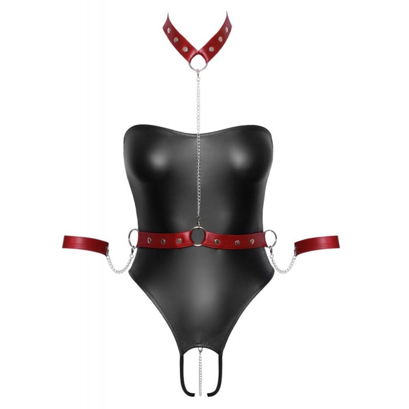 Cottelli Bondage - fényes body karrögzítőkkel (fekete-piros) 85182 termék bemutató kép