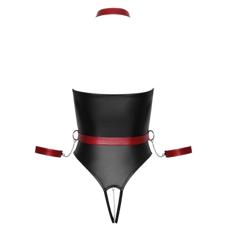 Cottelli Bondage - fényes body karrögzítőkkel (fekete-piros) 85183 termék bemutató kép