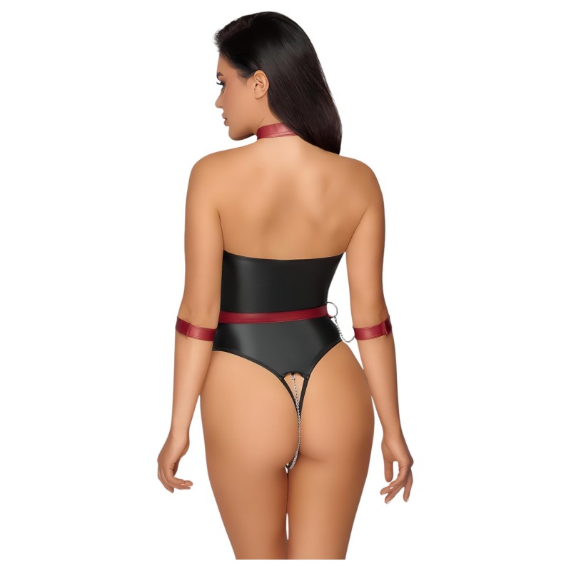 Cottelli Bondage - fényes body + kar- és nyakrögzítő (fekete) 169105 termék bemutató kép