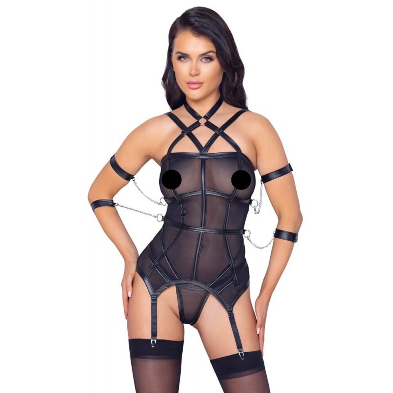 Cottelli Bondage - pántos felső, kar bilincs és tanga (fekete) 85069 termék bemutató kép