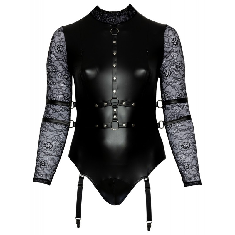 Cottelli Bondage Plus Size - csipkésujjú body (fekete) 69767 termék bemutató kép