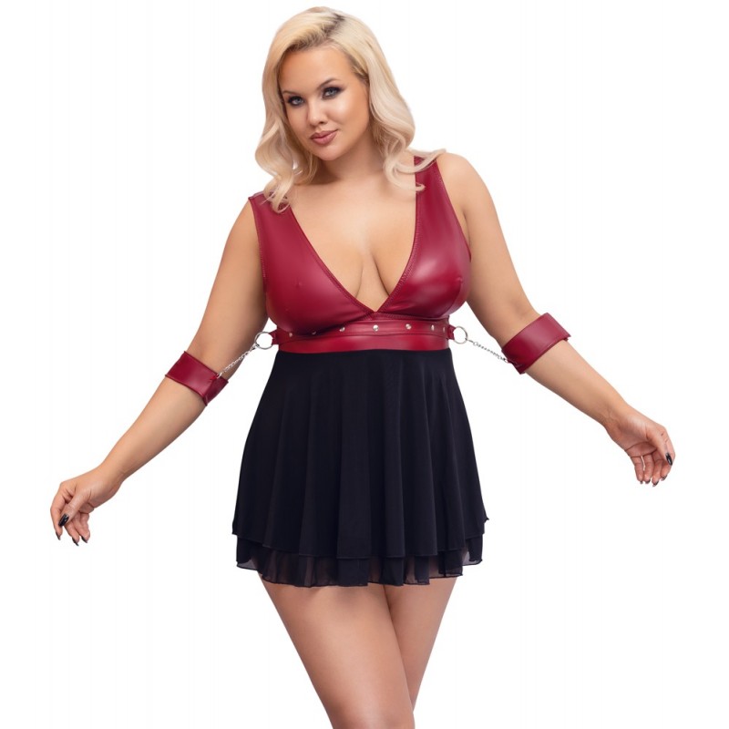 Cottelli Bondage Plus Size - mélyen dekoltált babydoll (piros-fekete) 69755 termék bemutató kép