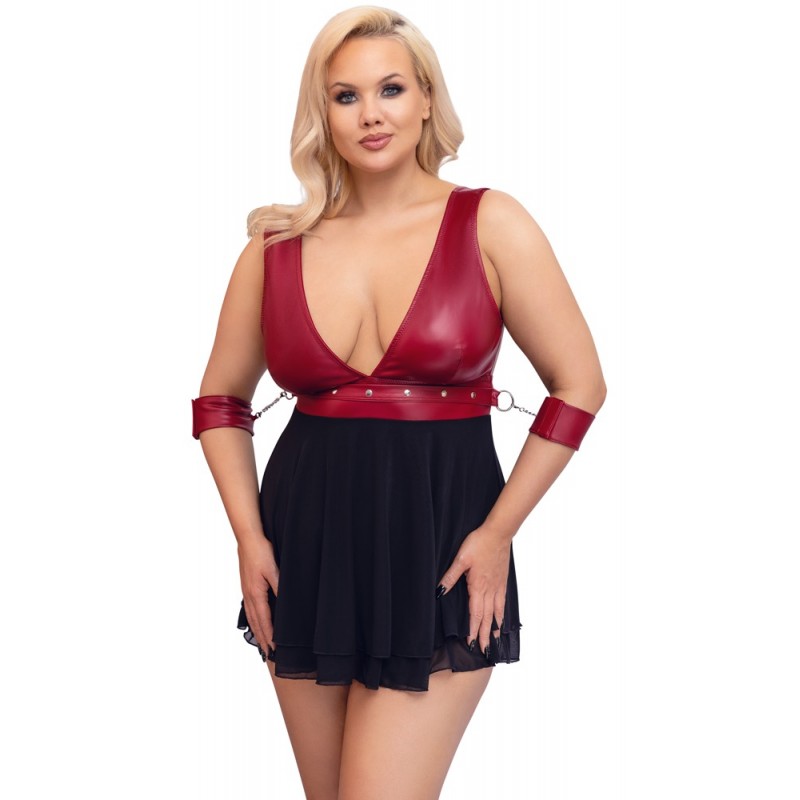 Cottelli Bondage Plus Size - mélyen dekoltált babydoll (piros-fekete) 69756 termék bemutató kép