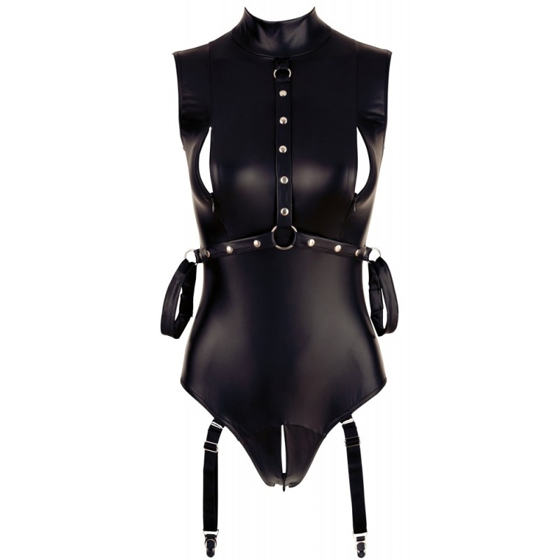 Cottelli Bondage - ujjatlan, fényes body és kar bilincs (fekete) 79232 termék bemutató kép