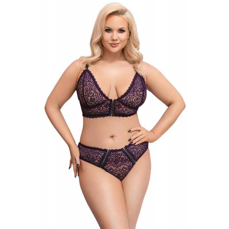 Cottelli Plus Size - áttetsző mintás melltartó szett (lila) 107645 termék bemutató kép