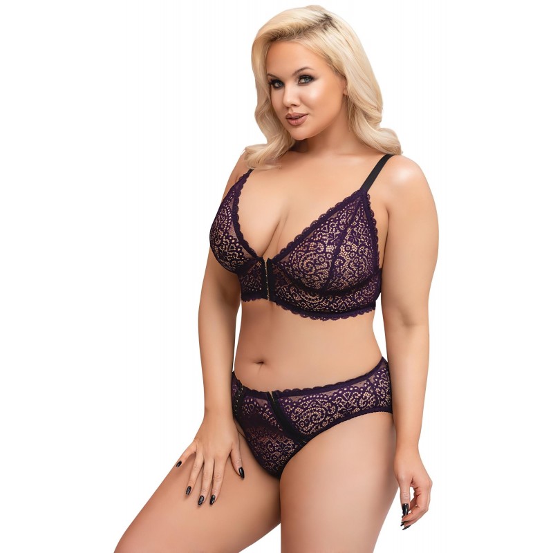 Cottelli Plus Size - áttetsző mintás melltartó szett (lila) 107647 termék bemutató kép