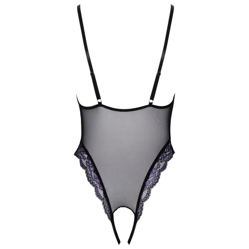 Cottelli - hímzett, nyitott csipke body (fekete-lila) 77373 termék bemutató kép