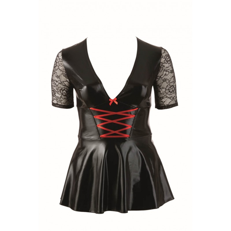 Cottelli Plus Size - fényes ruha piros fűzővel (fekete) 12862 termék bemutató kép