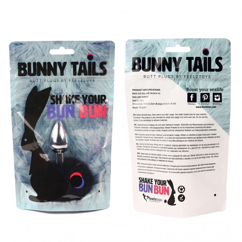FEELZTOYS Bunny Tails - fém anál dildó nyuszifarokkal (ezüst-fekete) 43675 termék bemutató kép
