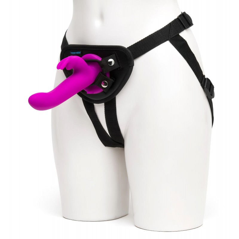 Happyrabbit Strap-On - nyuszis, csiklókaros felcsatolható vibrátor (lila) 156429 termék bemutató kép
