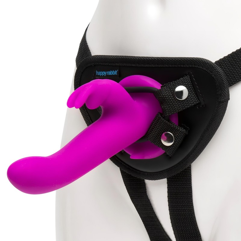 Happyrabbit Strap-On - nyuszis, csiklókaros felcsatolható vibrátor (lila) 156431 termék bemutató kép