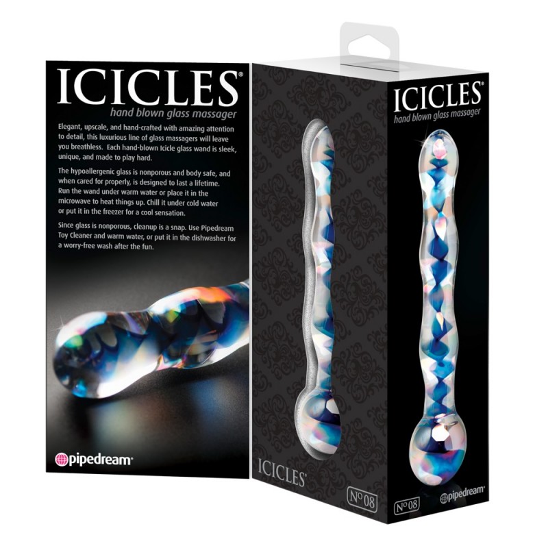 Icicles No. 08 - hullámos, kétvégű, üveg dildó (áttetsző-kék) 40471 termék bemutató kép