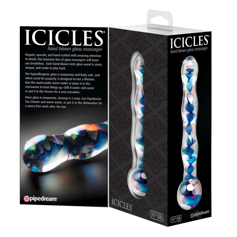 Icicles No. 08 - hullámos, kétvégű, üveg dildó (átlátszó-kék) 40471 termék bemutató kép