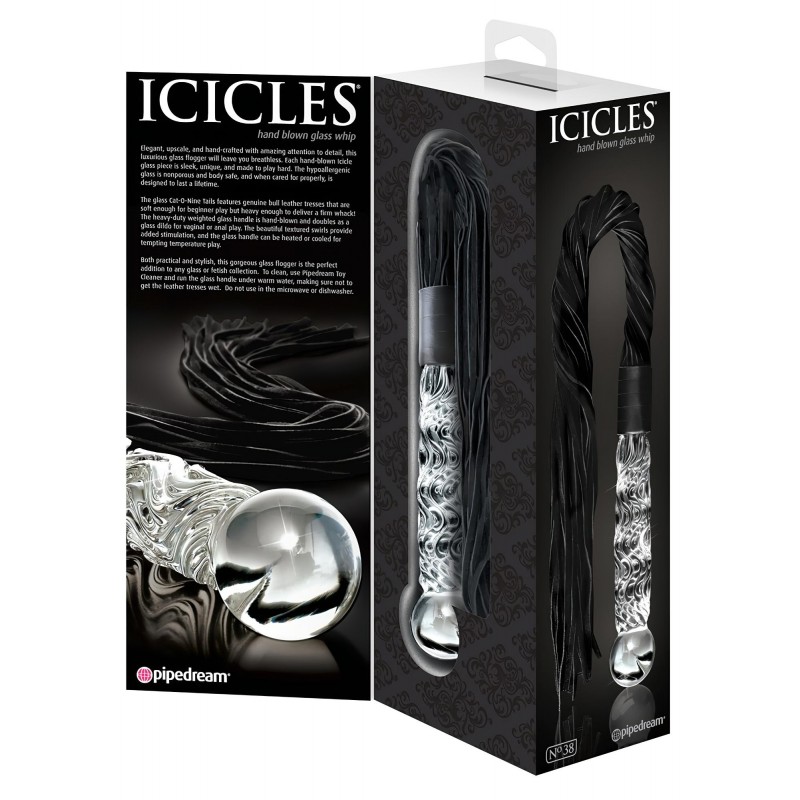 Icicles No. 38 - bőr korbács és üveg dildó (átlátszó-fekete) 109662 termék bemutató kép