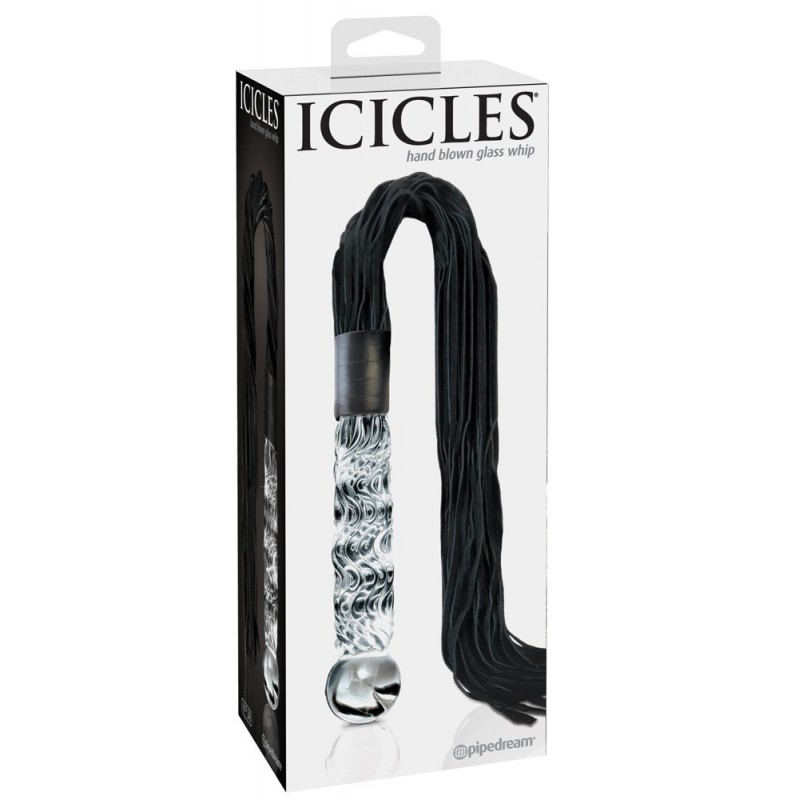 Icicles No. 38 - bőr korbácsos, hullámos üveg dildó (áttetsző-fekete) 72843 termék bemutató kép