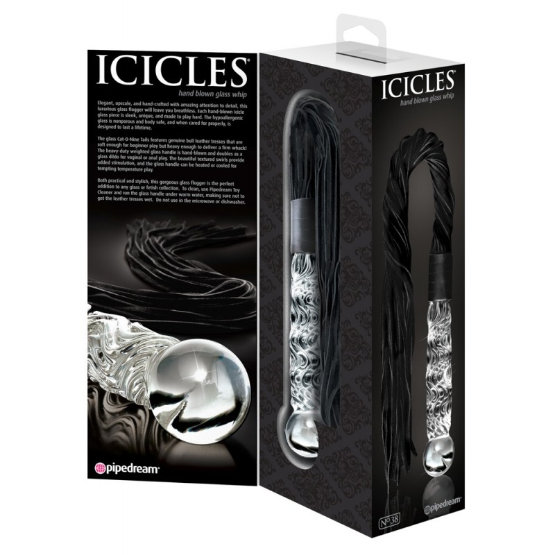 Icicles No. 38 - bőr korbács és üveg dildó (átlátszó-fekete) 93841 termék bemutató kép