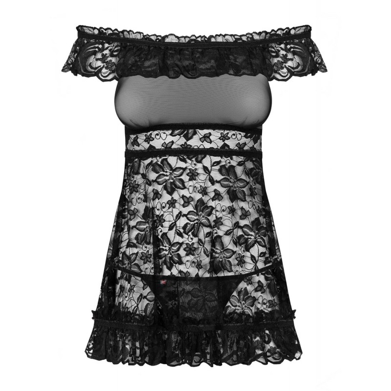Obsessive Flores - fodros babydoll és tanga (fekete) 27053 termék bemutató kép