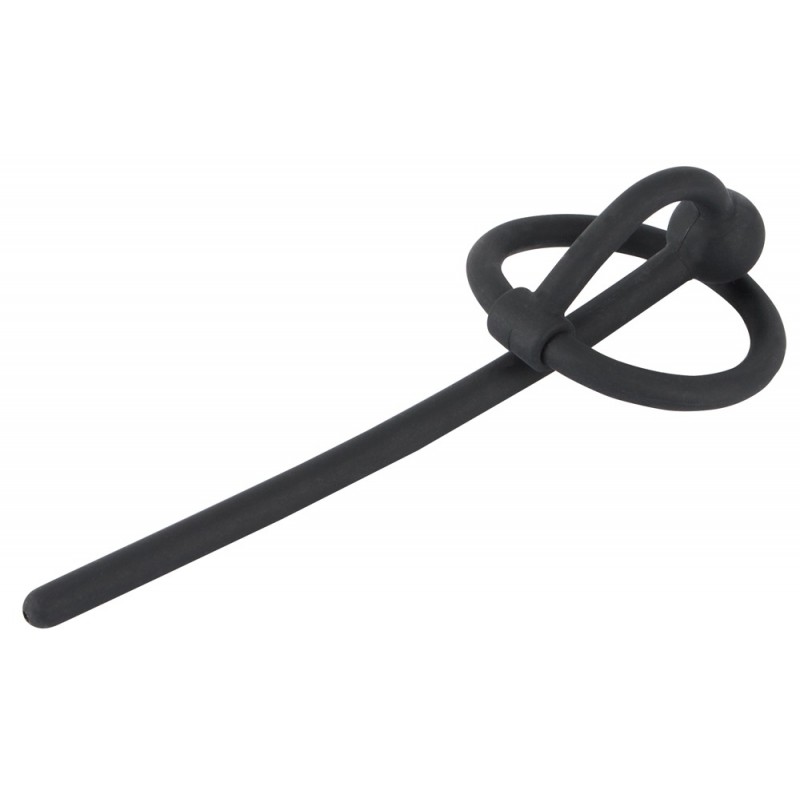 Penisplug - szilikon makkgyűrű üreges húgycsőrúddal (fekete) 29425 termék bemutató kép