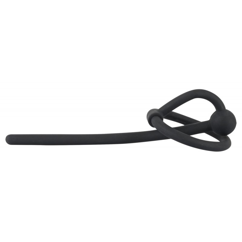 Penisplug - szilikon makkgyűrű üreges húgycsőrúddal (fekete) 29426 termék bemutató kép