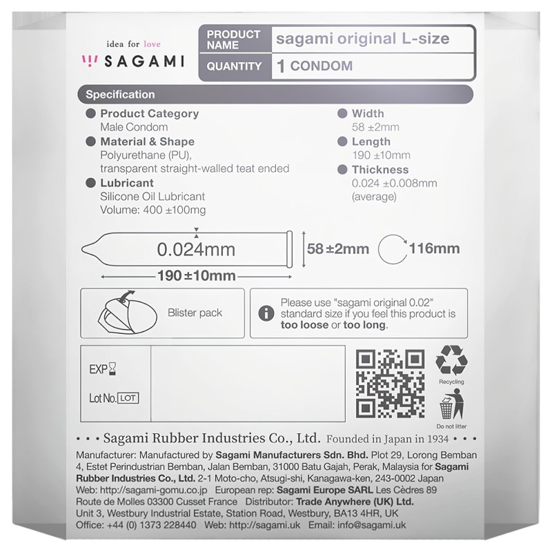 Sagami Original 0.02 L - ultravékony óvszer (58 mm, 1 db) 134945 termék bemutató kép