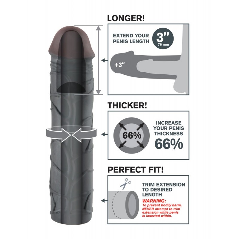 Pipedream - X-TENSION Mega 3 - élethű péniszköpeny (22,8 cm, fekete) 51273 termék bemutató kép