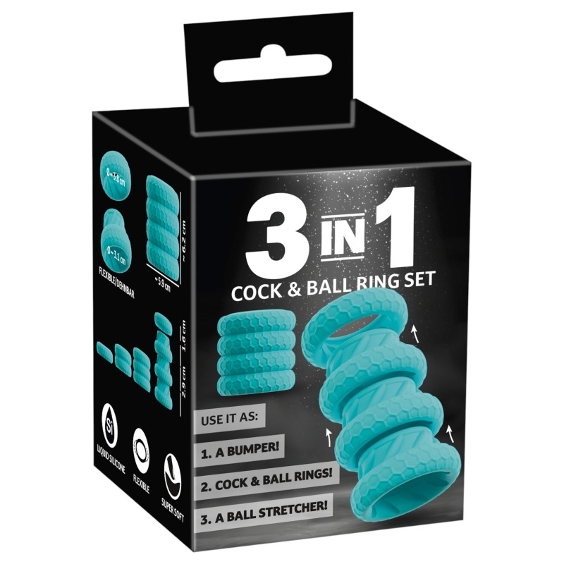 You2Toys - 3in1 pénisz- és heregyűrű szett férfiaknak (türkiz) 167038 termék bemutató kép