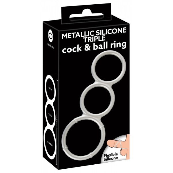 You2Toys - fém hatású tripla szilikon pénisz- és heregyűrű (ezüst)