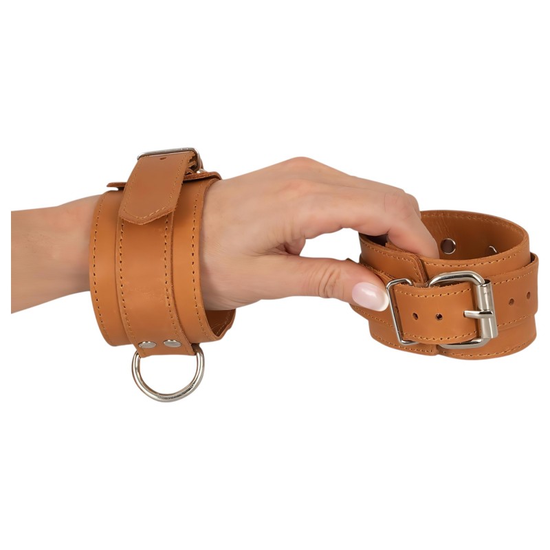 ZADO - bőr csuklóbilincs pároknak bondage játékhoz (barna) 154933 termék bemutató kép
